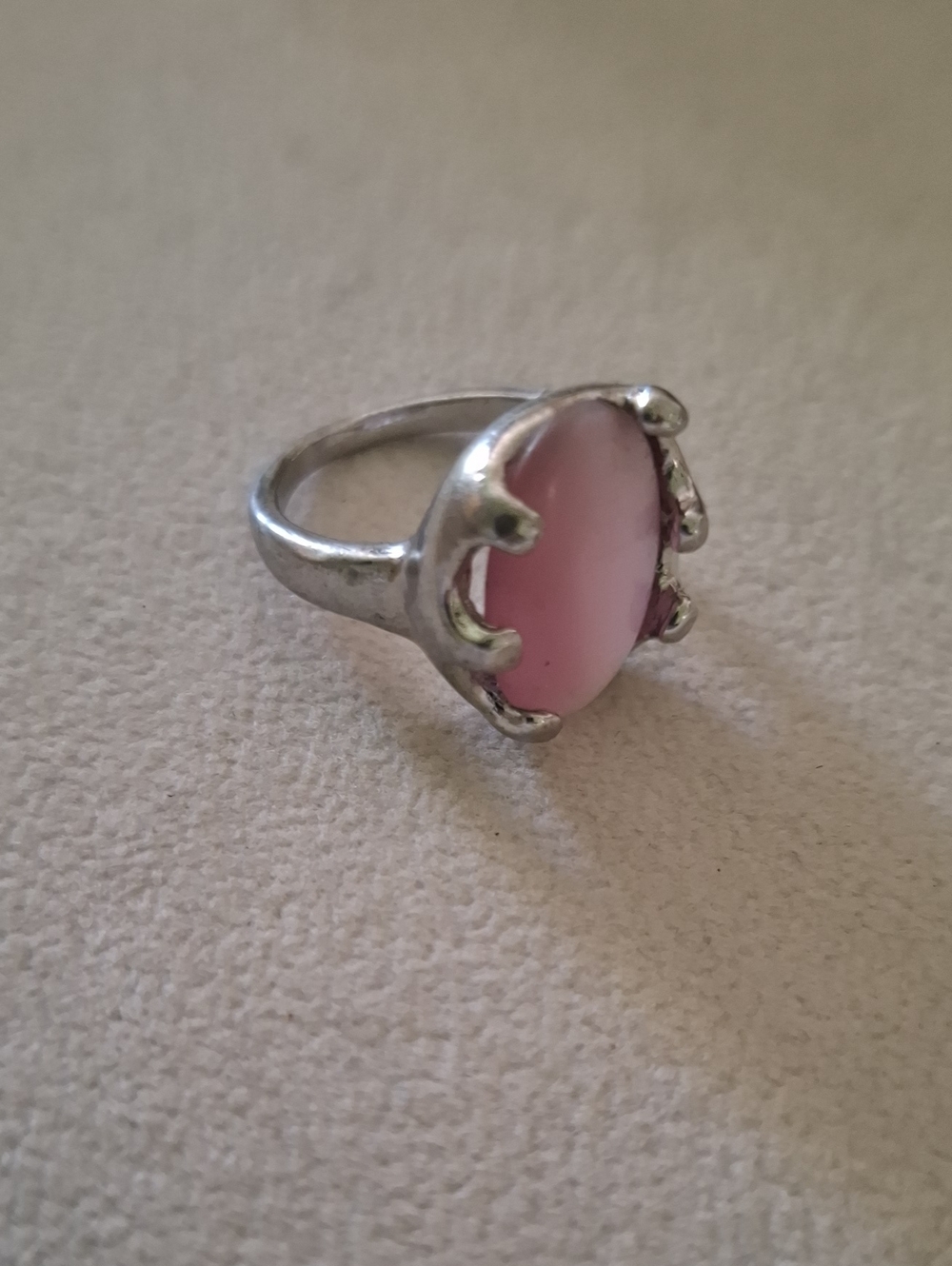 Pink Oval Stone Silver-Tone Ring
